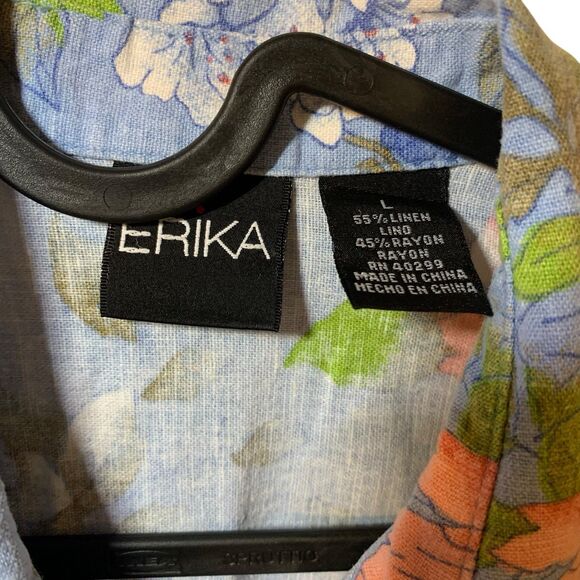 Erika Womens Pink Floral Short Sleeve Button Up Linen Blend Boho Top L Vacation - Picture 3 of 6